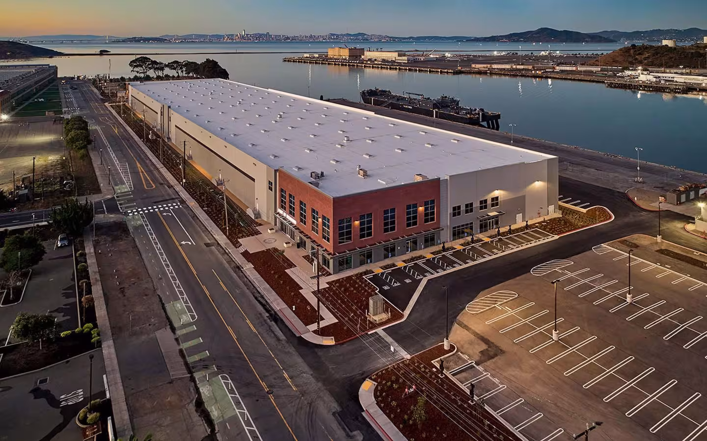Aerial view of Portside Commerce Center, a BGRE logistics property in the San Francisco Bay Area, featuring modern warehouse facilities and waterfront access.
