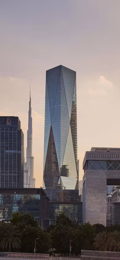 ICD Brookfield Place Dubai, a BGRE office and retail destination in Dubai's DIFC, featuring premium office space and landmark architecture at sunset.
